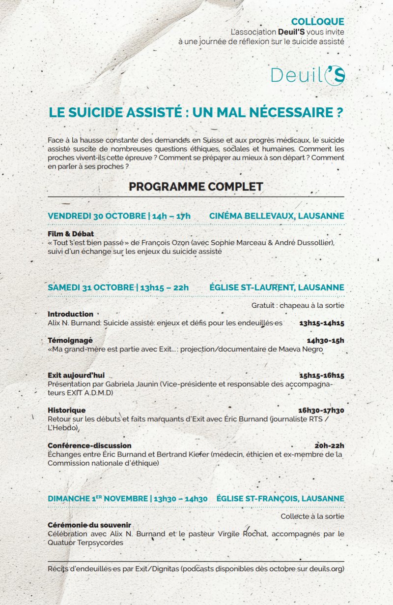 deuils-event-2026 Flyer du colloque Deuil’S « Le suicide assisté : un mal nécessaire ? », du 30 octobre au 1er novembre 2026 à Lausanne